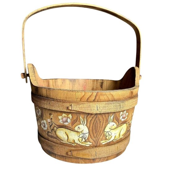 Basketville Putney Vermont Hand crafted Bucket Painted Bunnies - Picture 1 of 13